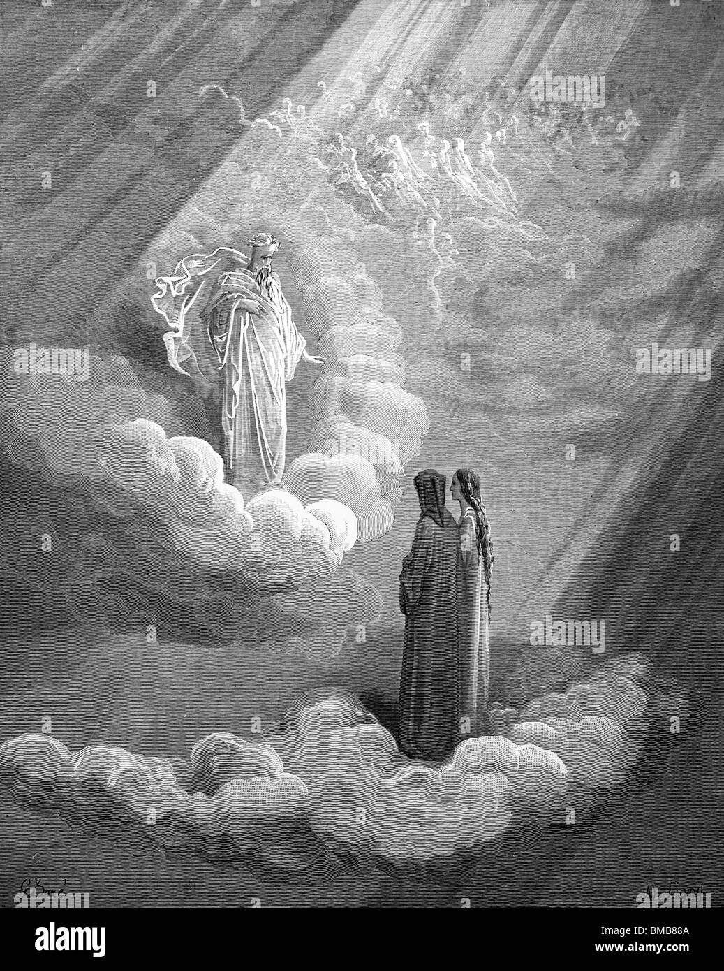 Gravur von Gustave Doré von Alighieris göttliche Komödie-Dante und Beatrice Dantes Ur-Ur-Großvater Cacciagui treffen Stockfoto