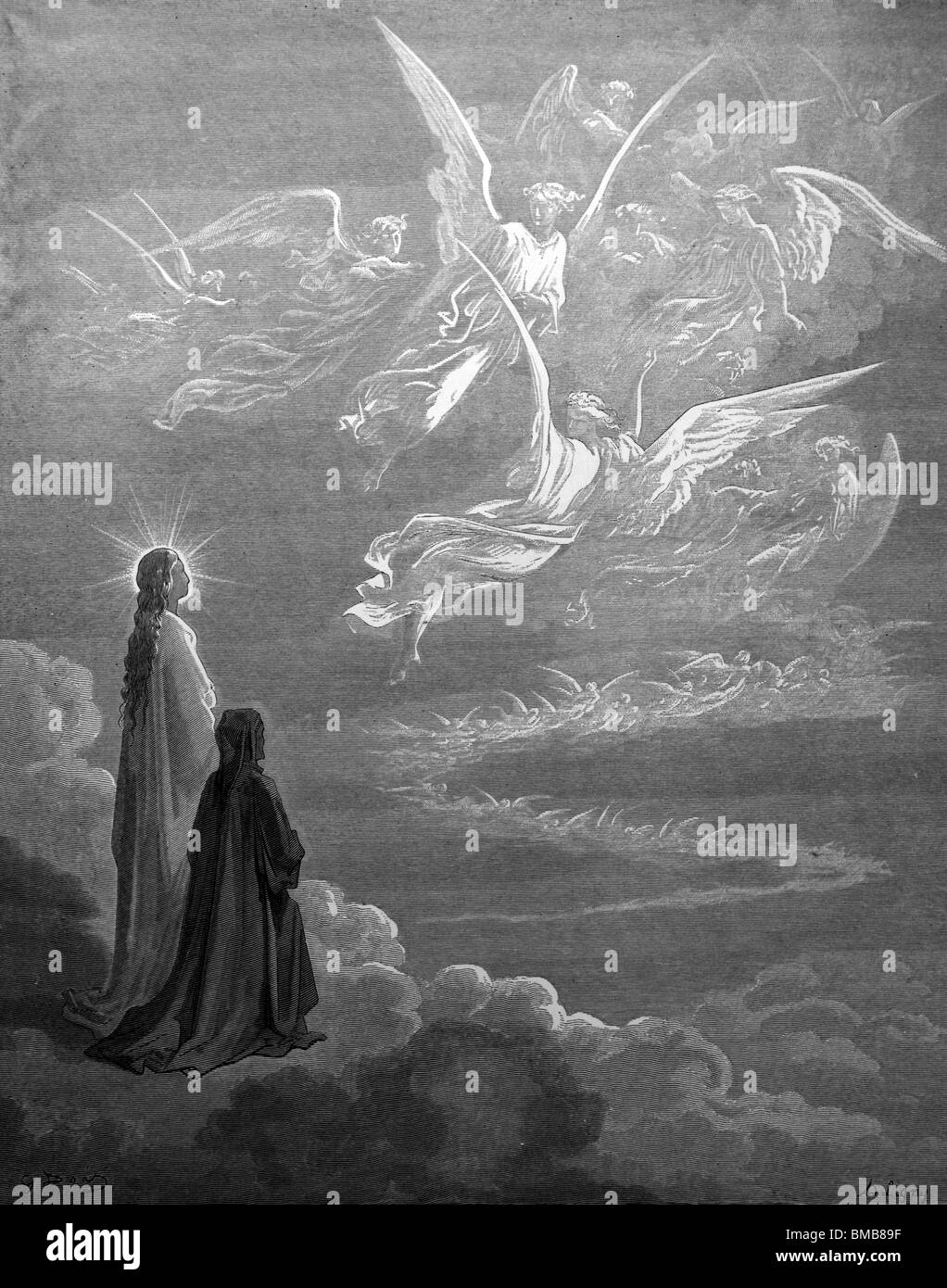 Stich von Gustave Doré aus Alighieris göttliche Komödie Dante und Beatrice auf dem Gebiet des Jupiter Stockfoto