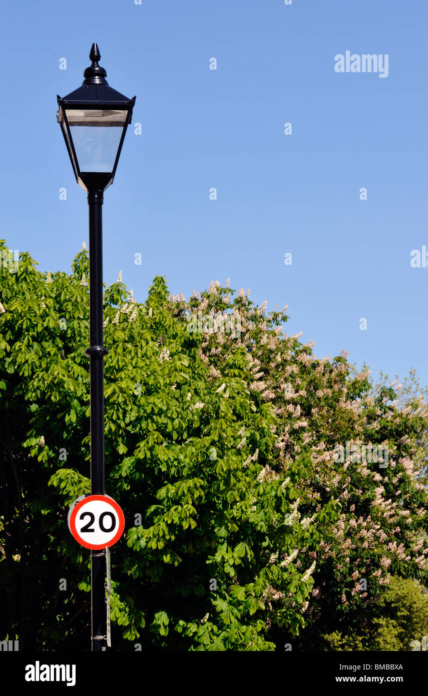 zwanzig Meilen pro Stunde Geschwindigkeit Beschränkung Zeichen an einen Laternenpfahl befestigt Stockfoto
