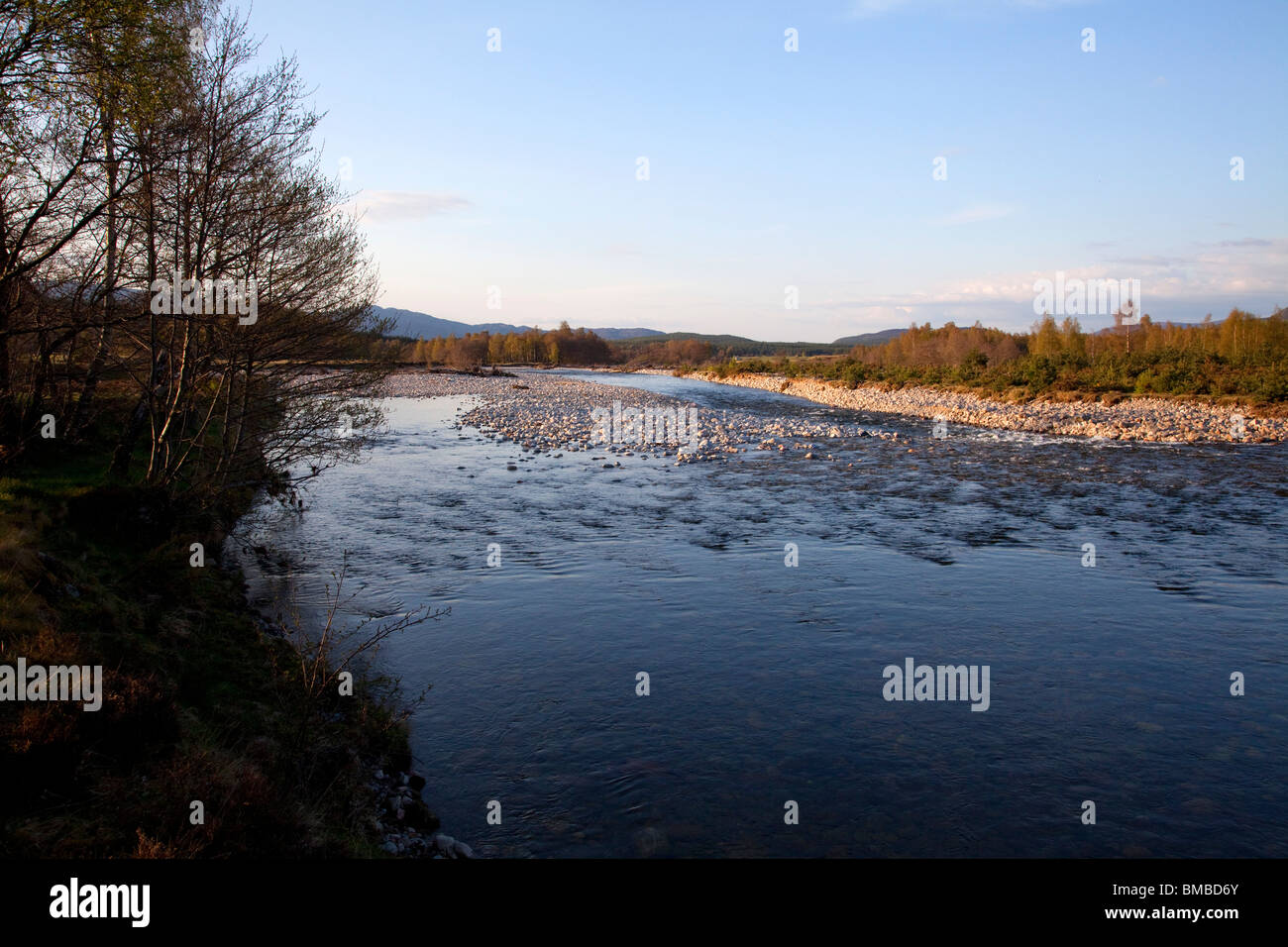 Der Fluss Feshie im Herzen des schottischen Cairngorms fließenden Nord in der Spey spät ein Frühlingsabend im warmen Sonnenlicht Stockfoto