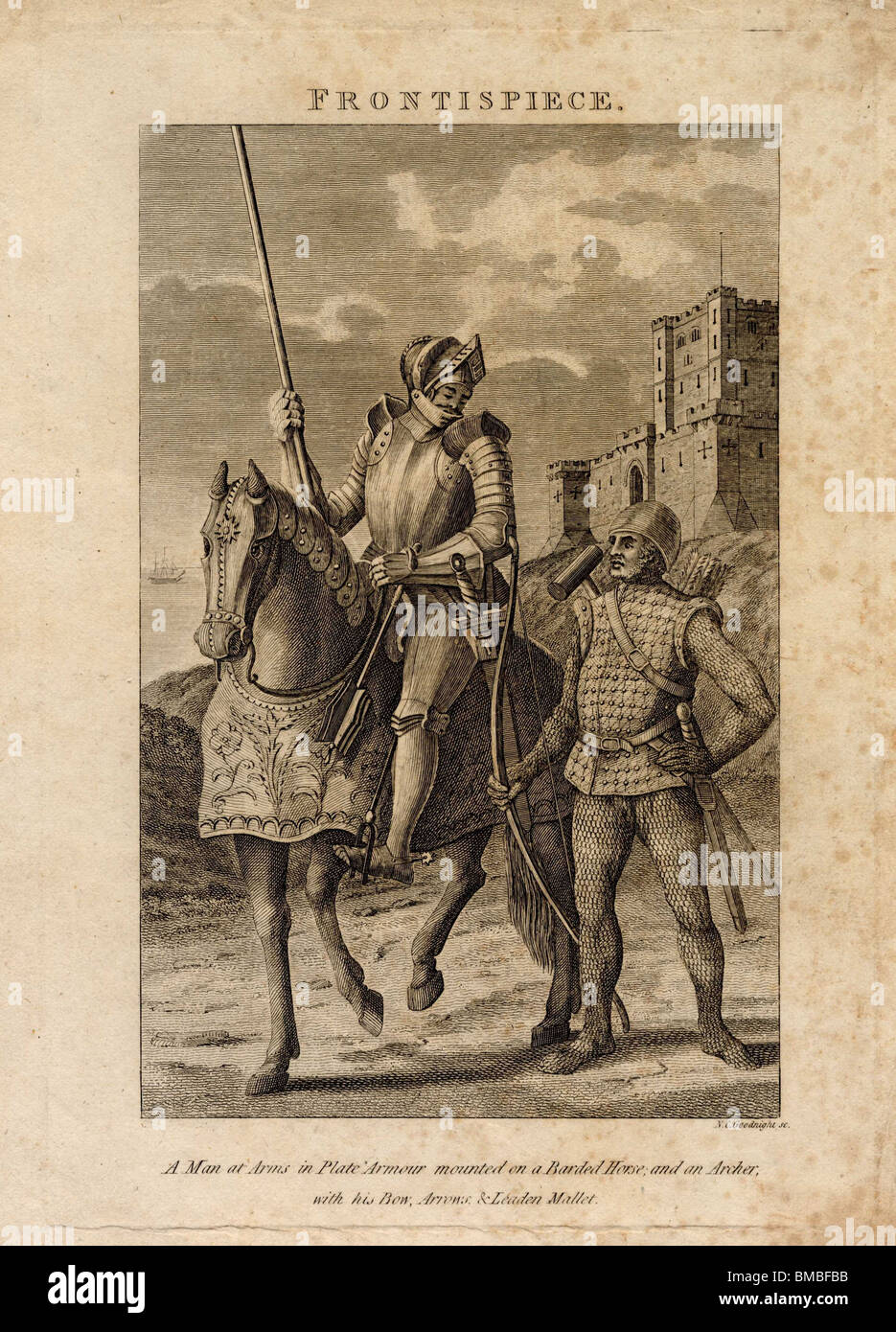 Ein Mann in die Arme in Plattenrüstung montiert auf einem barded Pferd und ein Bogenschütze, mit seinem Bogen, Pfeile und bleiernen Holzhammer. Stockfoto