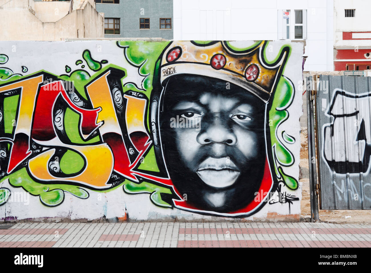Graffiti von Rapper Biggie Smalls auf Wand in Spanien Stockfoto