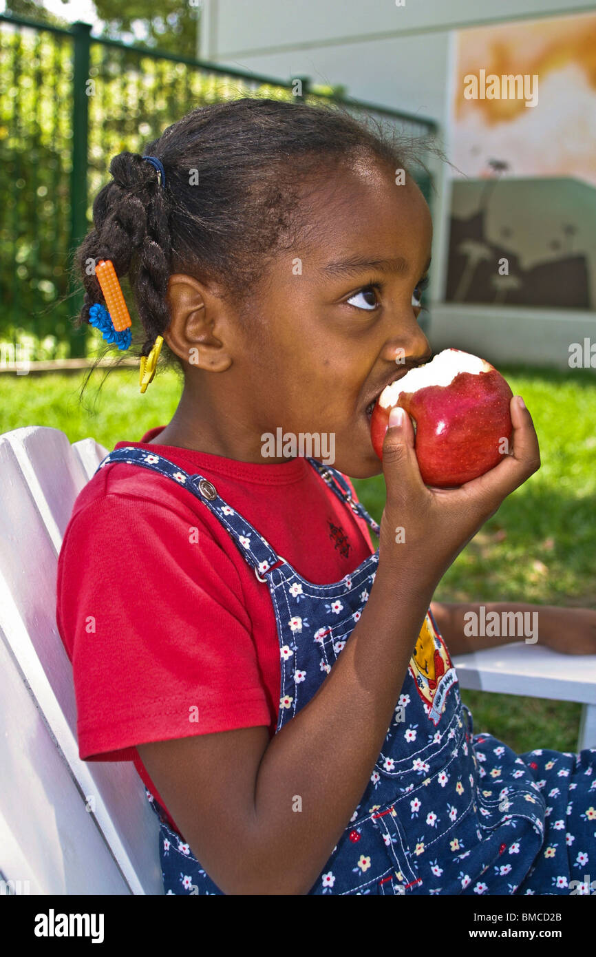 4-5 jährige afroamerikanische Mädchen großen roten Apfel zu essen. Herr © Myrleen Pearson Stockfoto