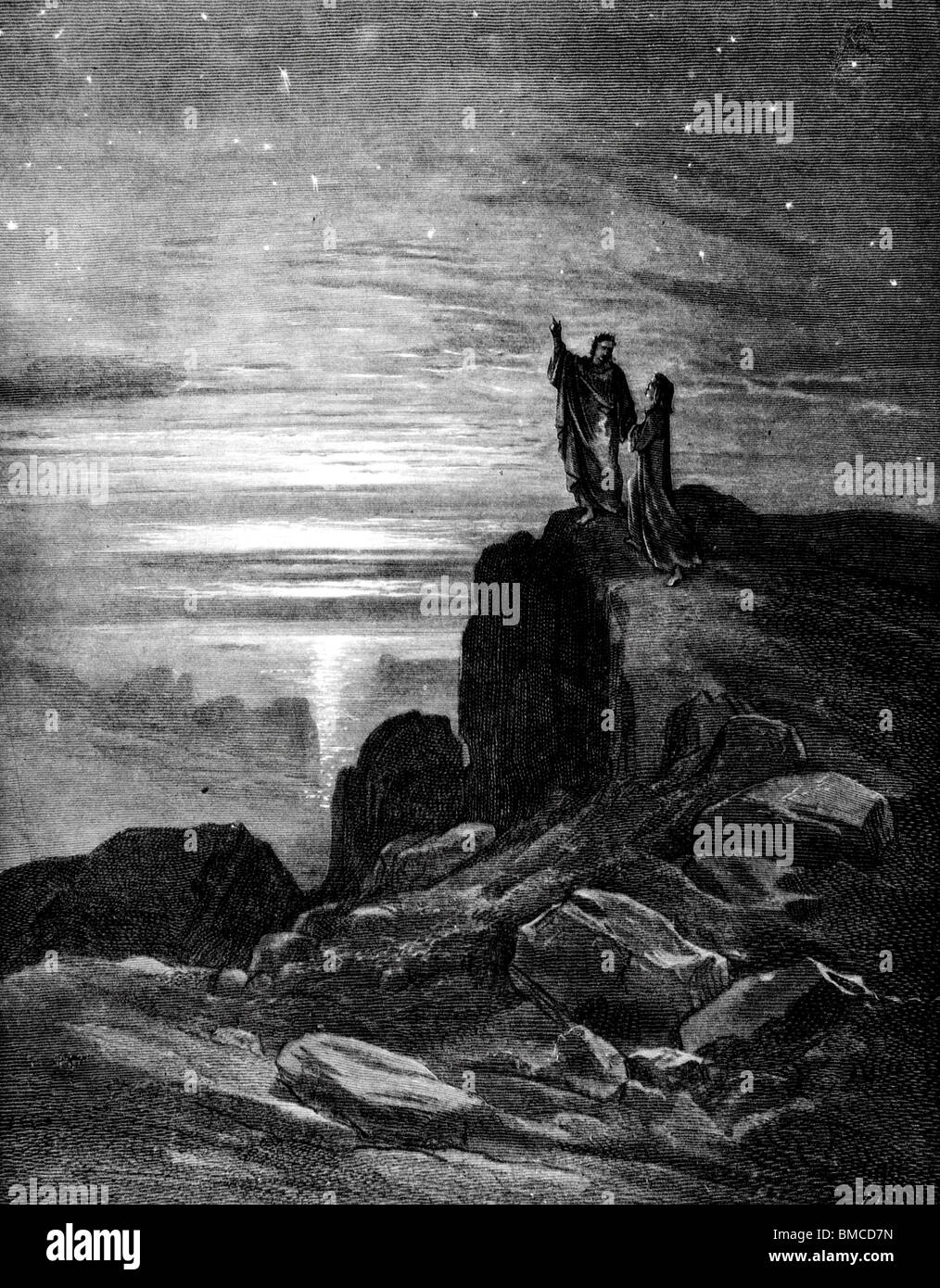 Vergil, Dante und Sterne am Berg der Läuterung Stockfoto