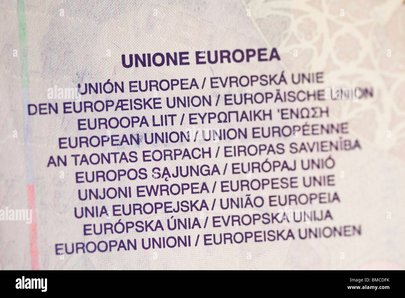 Mitglieder der Europäischen Union von Passport-Seite Stockfoto