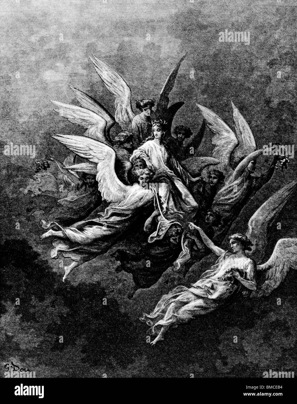 Beatrice auf Wolke von Blumen Stockfoto