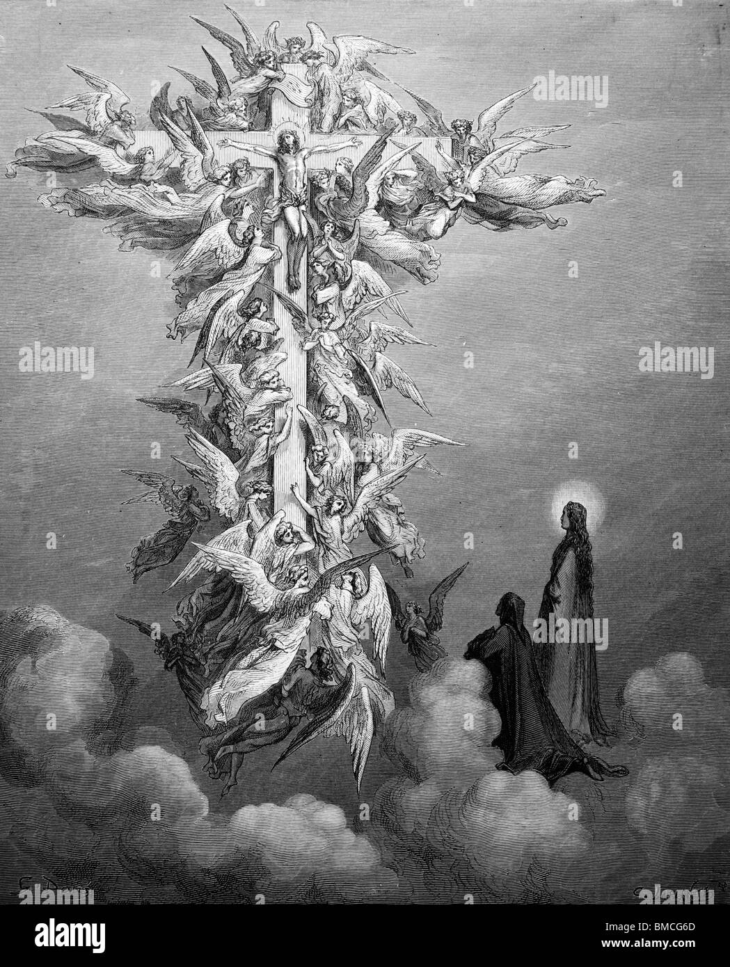 Gravur von Gustave Doré aus Alighieris göttliche Komödie; Dante & Beatrice Zeuge den Tanz der Engel; Sphäre des Mars Stockfoto