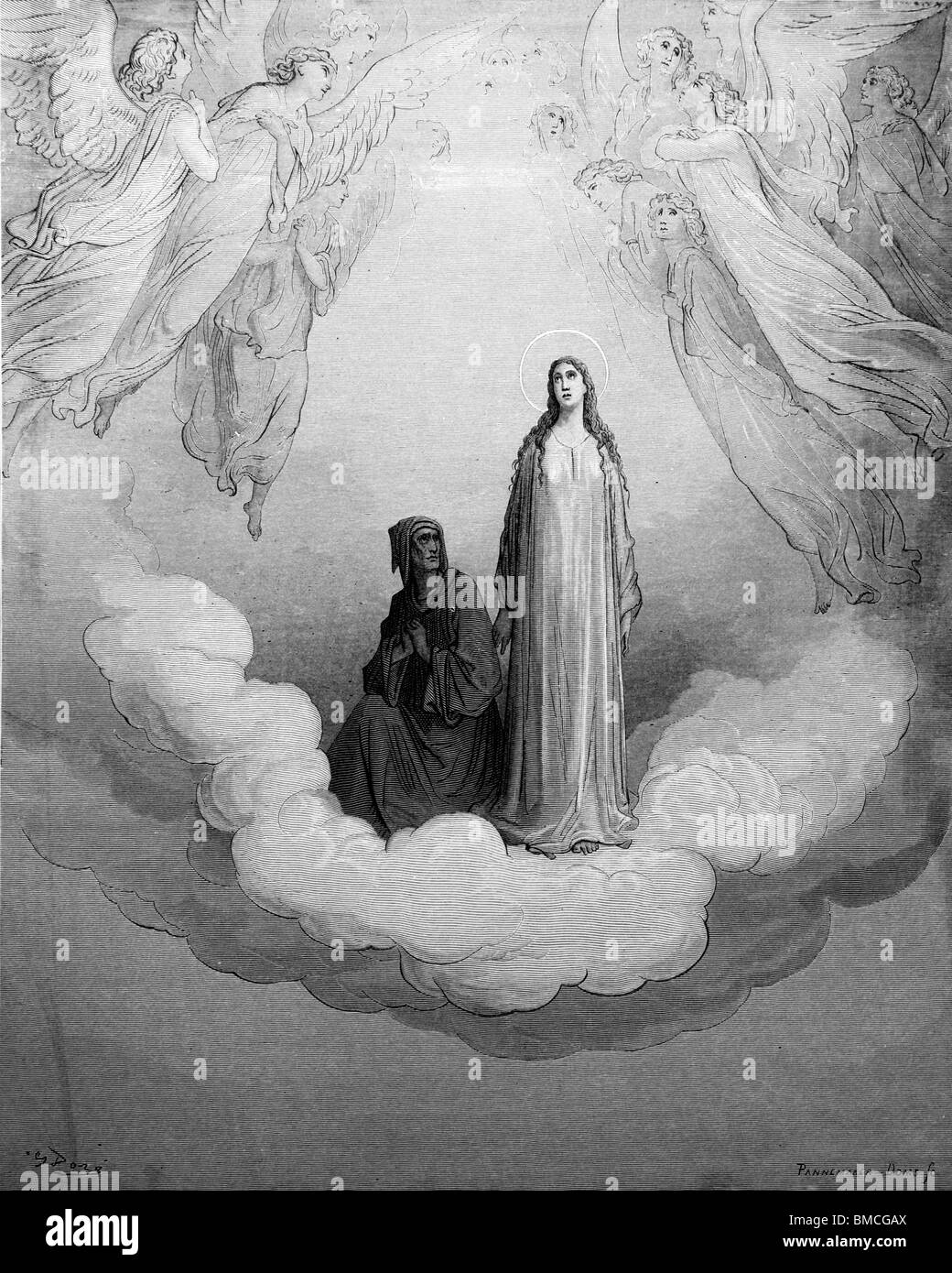 Gravur von Gustave Doré aus Alighieris göttliche Komödie; Dante und Beatrice auf dem Gebiet der Jupiter oder sechsten Himmel Stockfoto