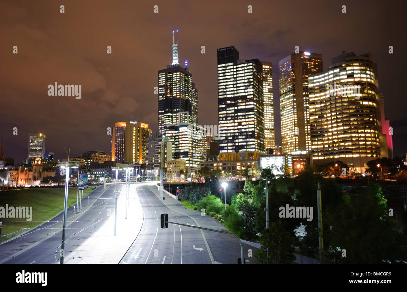 Melbourne City bei Nacht Stockfoto