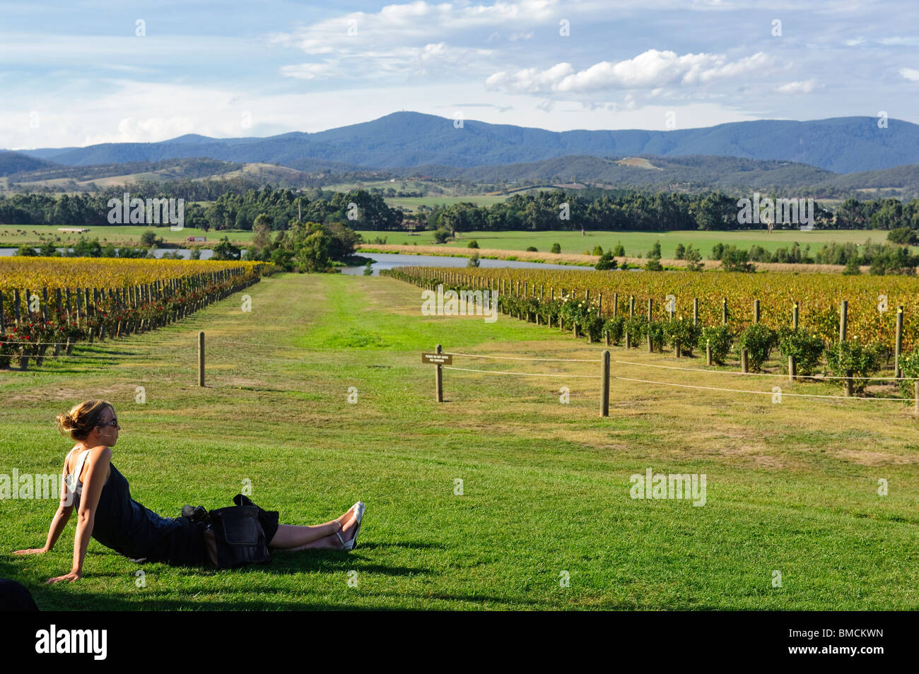 Mädchen genießen die Aussicht von Moet et Chandon Weingut im Yarra Valley Stockfoto