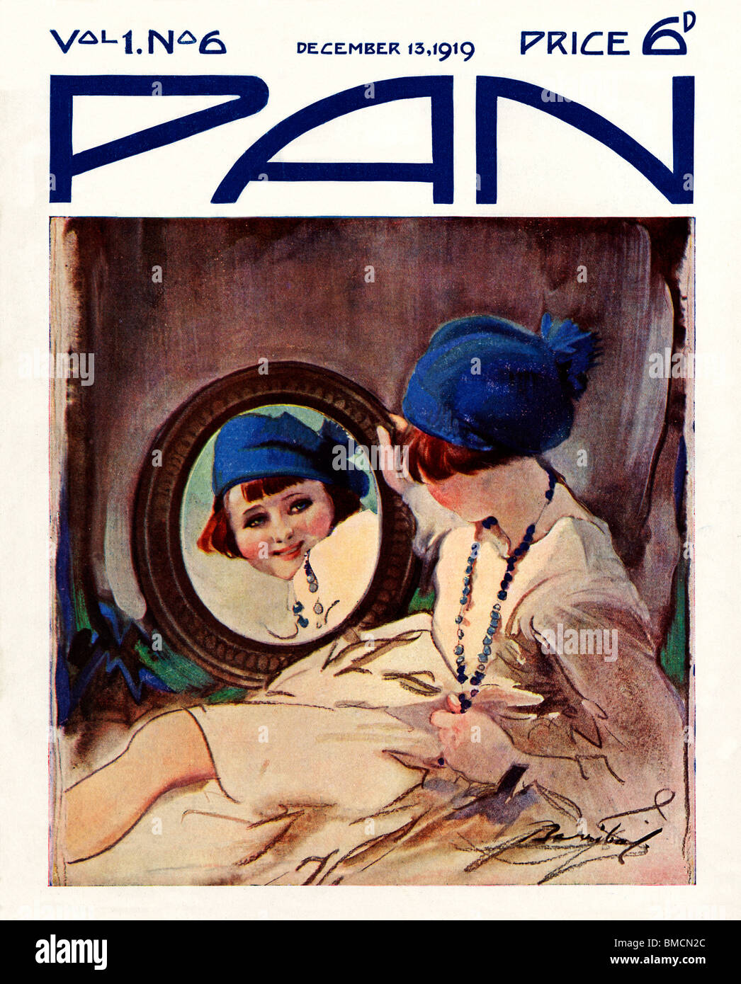 Pan, 13. Dezember 1919, Art-deco-Cover der englischen Literaturzeitschrift, eine Mädchen schaut ihr Spiegelbild in den Spiegel Stockfoto