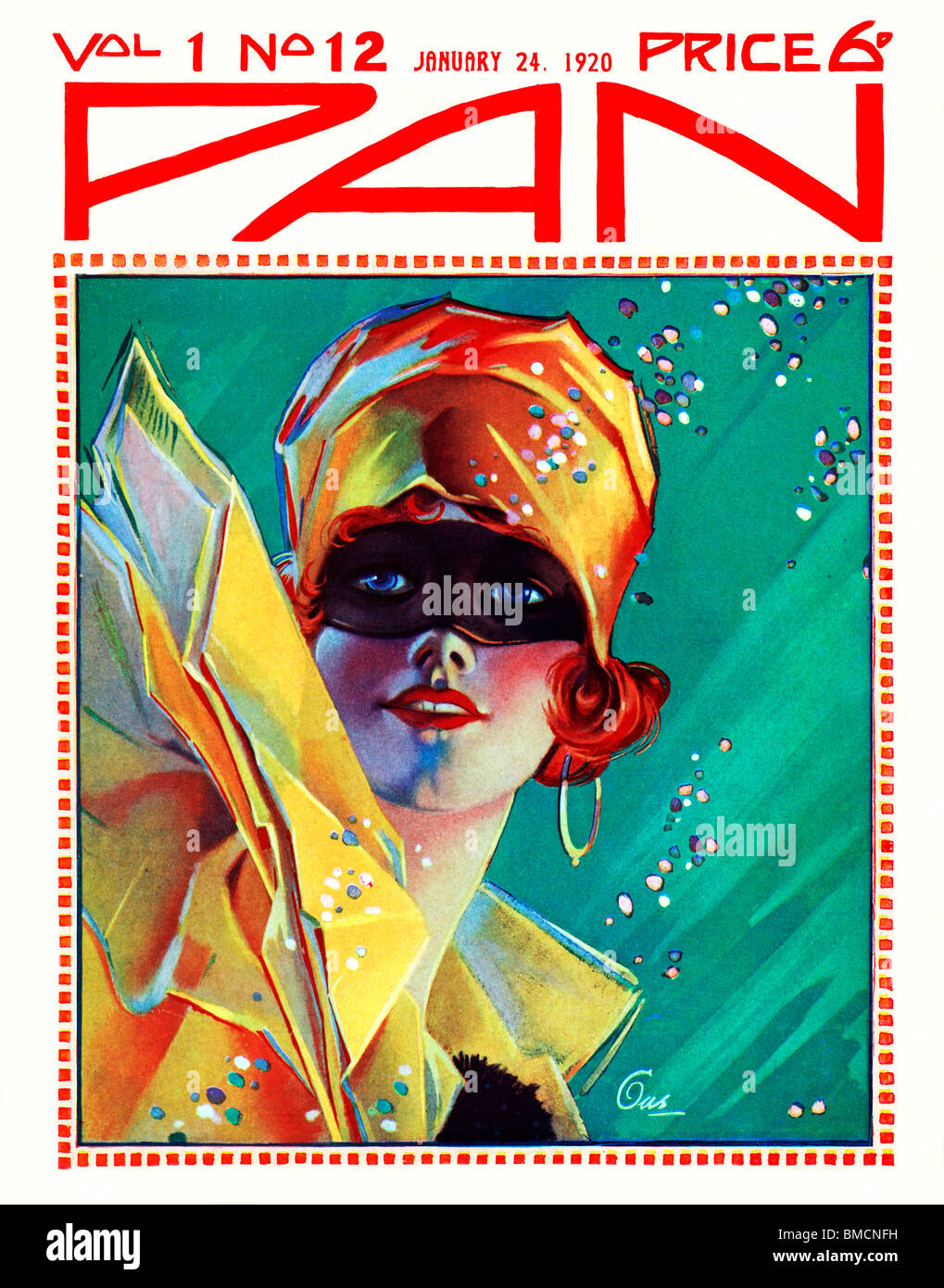 Schwenken Sie, 24. Januar 1920, Art-deco-Cover der englischen Literaturzeitschrift, eine atemberaubende Darstellung eines Mädchens auf einem Maskenball Stockfoto