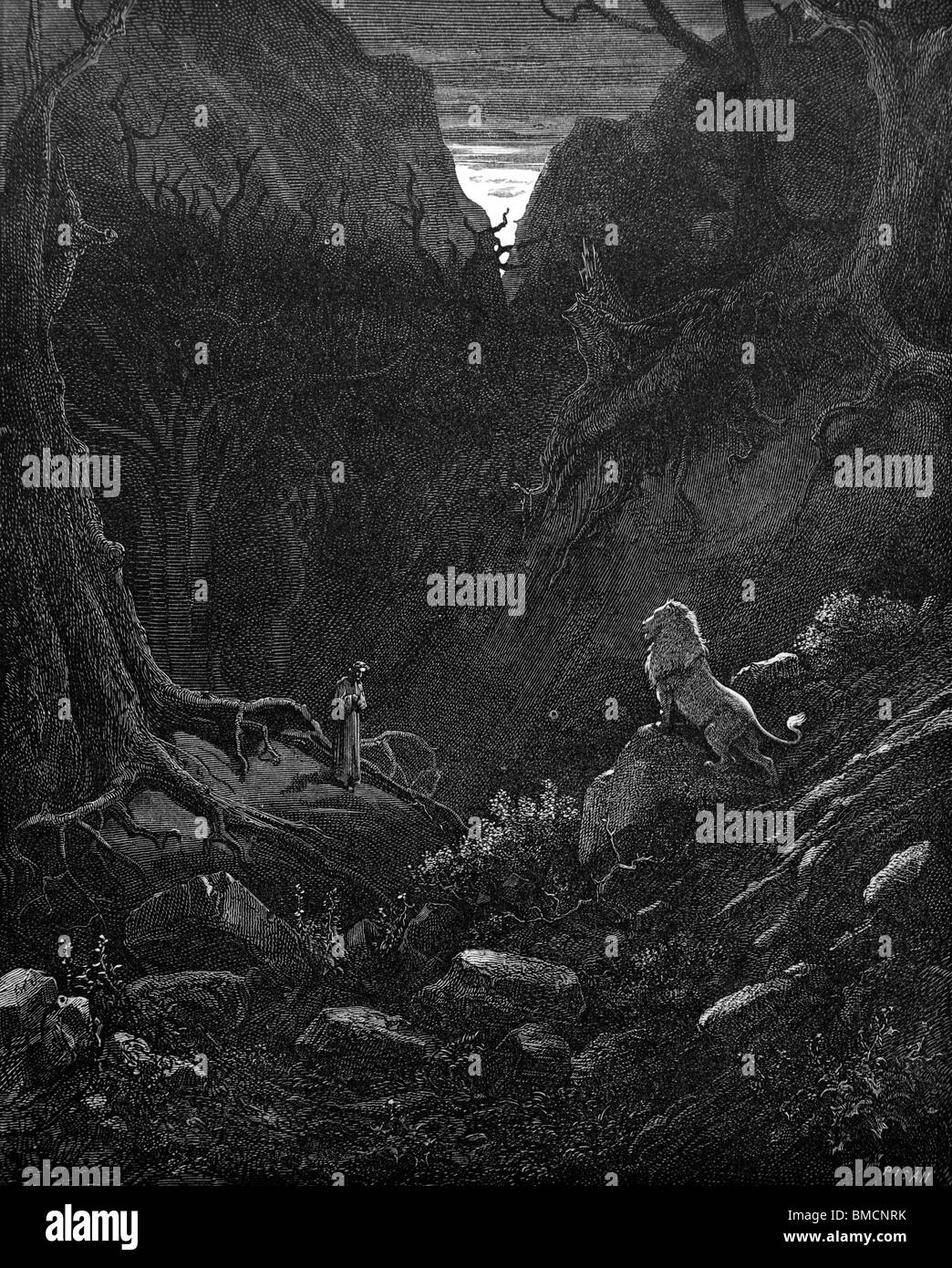 Stich von Gustave Doré aus Alighieris göttliche Komödie "Inferno" oder 'Visionen der Hölle'; Dante trifft die Löwen Stockfoto