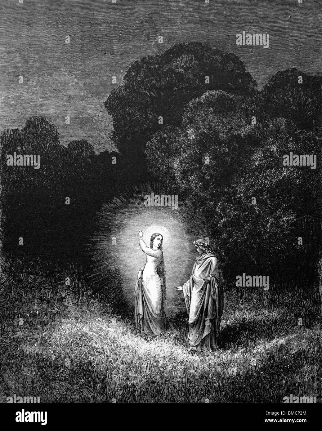 Gravur von Gustave Doré aus Dante Alighieris Göttlicher Komödie „Inferno“ oder „Visionen der Hölle“. Dante trifft Beatrice. Stockfoto