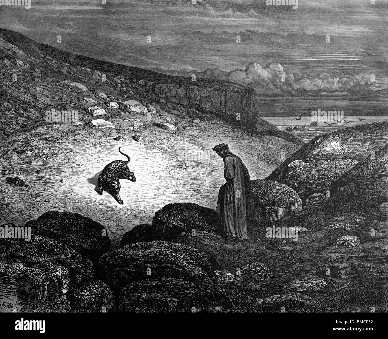 Stich von Gustave Doré aus Alighieris göttliche Komödie "Inferno" oder 'Visionen der Hölle'; Dante trifft der Panther Stockfoto