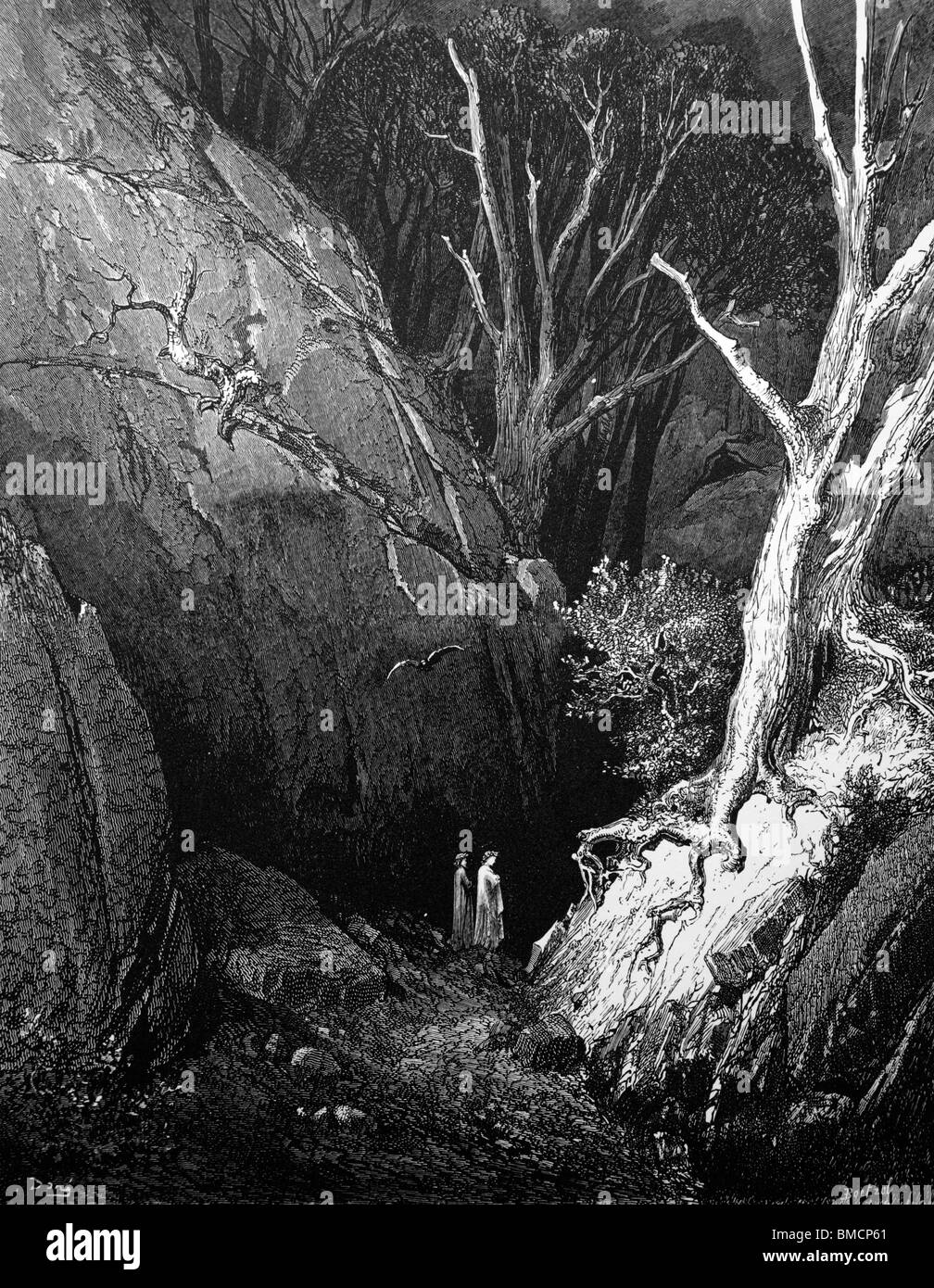 Kupferstich von Gutave Doré aus Dante Aligheris göttliche Komödie "Inferno" oder 'Visionen der Hölle'; Dante und Vergil beginnen Sie die Reise Stockfoto
