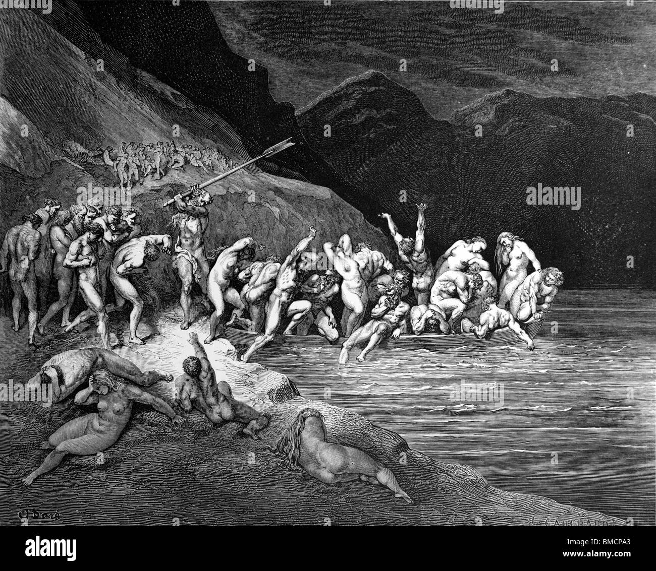Stich von Gustave Doré aus Alighieris göttliche Komödie "Inferno" oder 'Visionen der Hölle'; Charon lädt Seelen in sein Boot Stockfoto