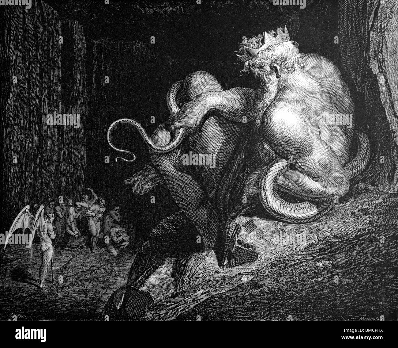 Gravur von Gustave Doré aus Alighieris göttliche Komödie "Inferno", 'Visionen der Hölle'; Minos, Stockfoto