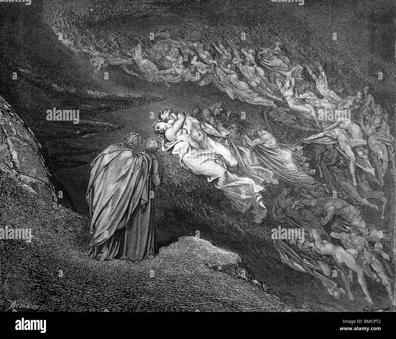 Stich von Gustave Doré aus Alighieris göttliche Komödie "Inferno" oder 'Visionen der Hölle'; Dante und Vergil in der Schwebe Stockfoto