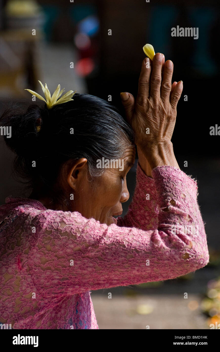 Eine Frau in Bali, Indonesien, kommt zum Ubud Markt Tempel ihren hinduistischen Glauben an den heiligen Tag des Galungan üben. Stockfoto Eine Frau in Bali, Indonesien, kommt zum Ubud Markt Tempel ihren hinduistischen Glauben an den heiligen Tag des Galungan üben. Stockfoto