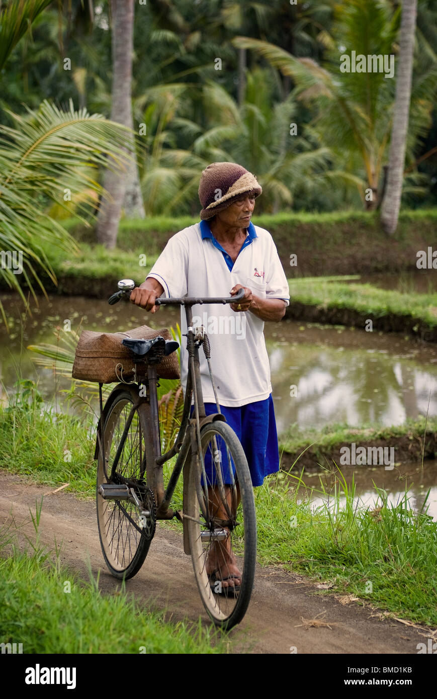 Eine Reis-Außendienst in Ubud, Bali, nutzt sein Fahrrad an remote-Standorten in den wunderschönen Reisterrassen raus. Stockfoto