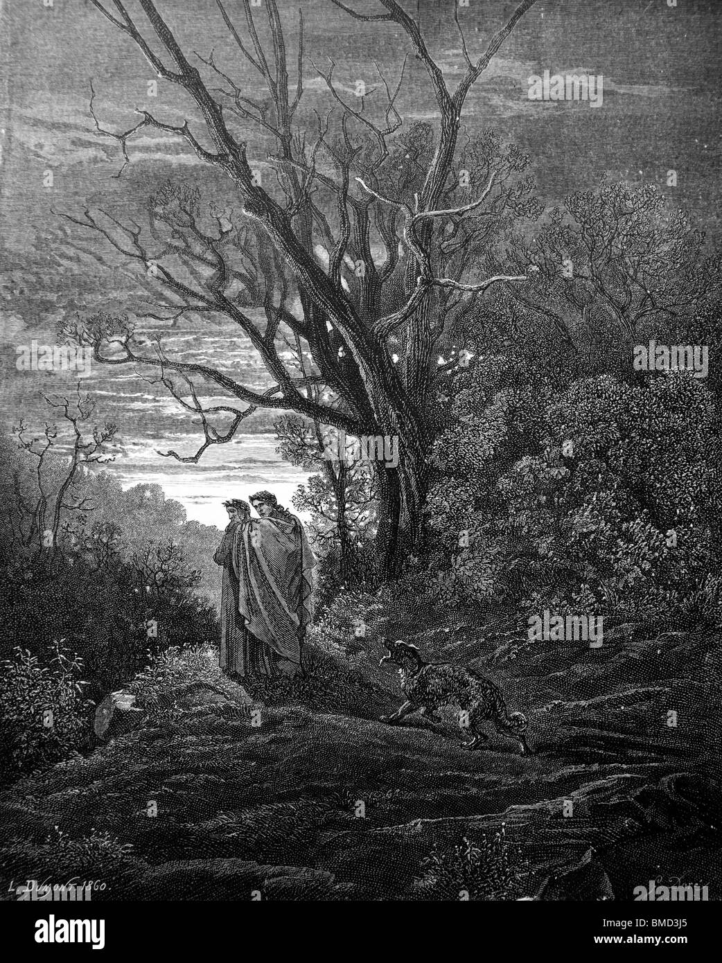 Stich von Gustave Doré aus Alighieris göttliche Komödie "Inferno" oder 'Visionen der Hölle'; Dante trifft die Wölfin und Virg Stockfoto
