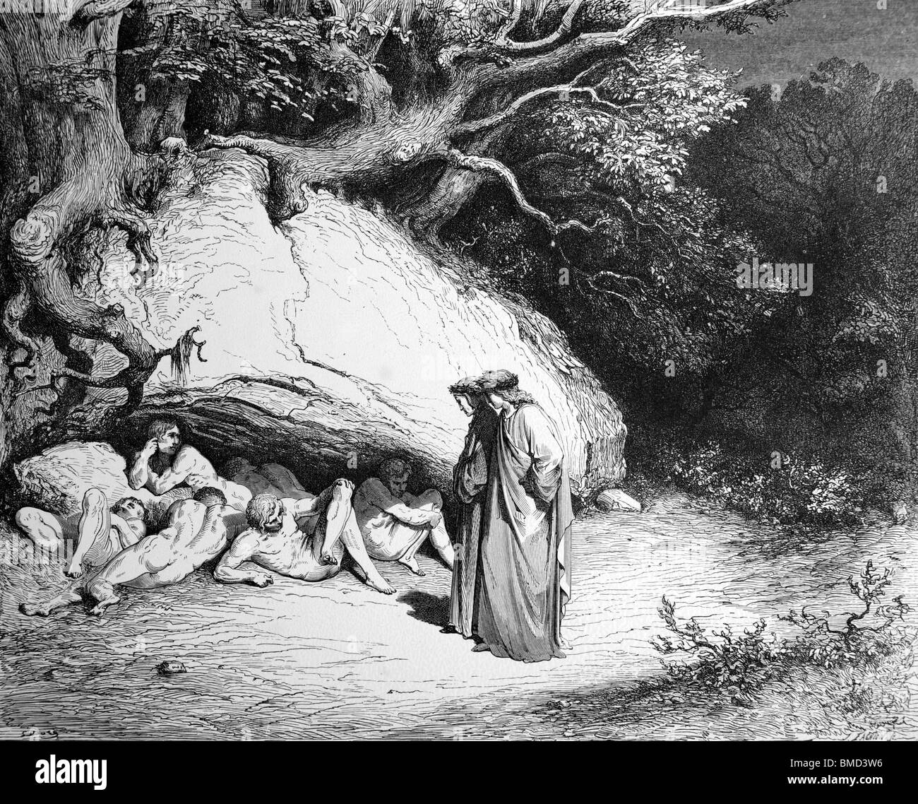 Stich von Gustave Doré aus Alighieris göttliche Komödie "Inferno" oder 'Visionen der Hölle'; Dante und Vergil in der Schwebe Stockfoto