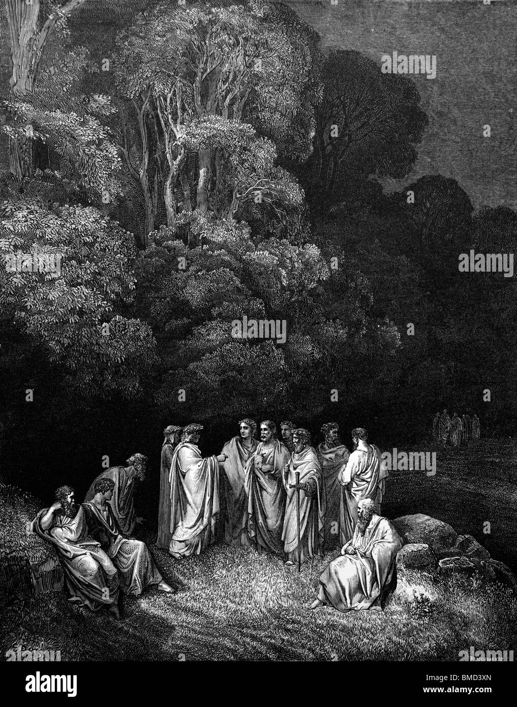 Stich von Gustave Doré aus Alighieris göttliche Komödie "Inferno" oder 'Visionen der Hölle'; Dante und Vergil in der Schwebe Stockfoto