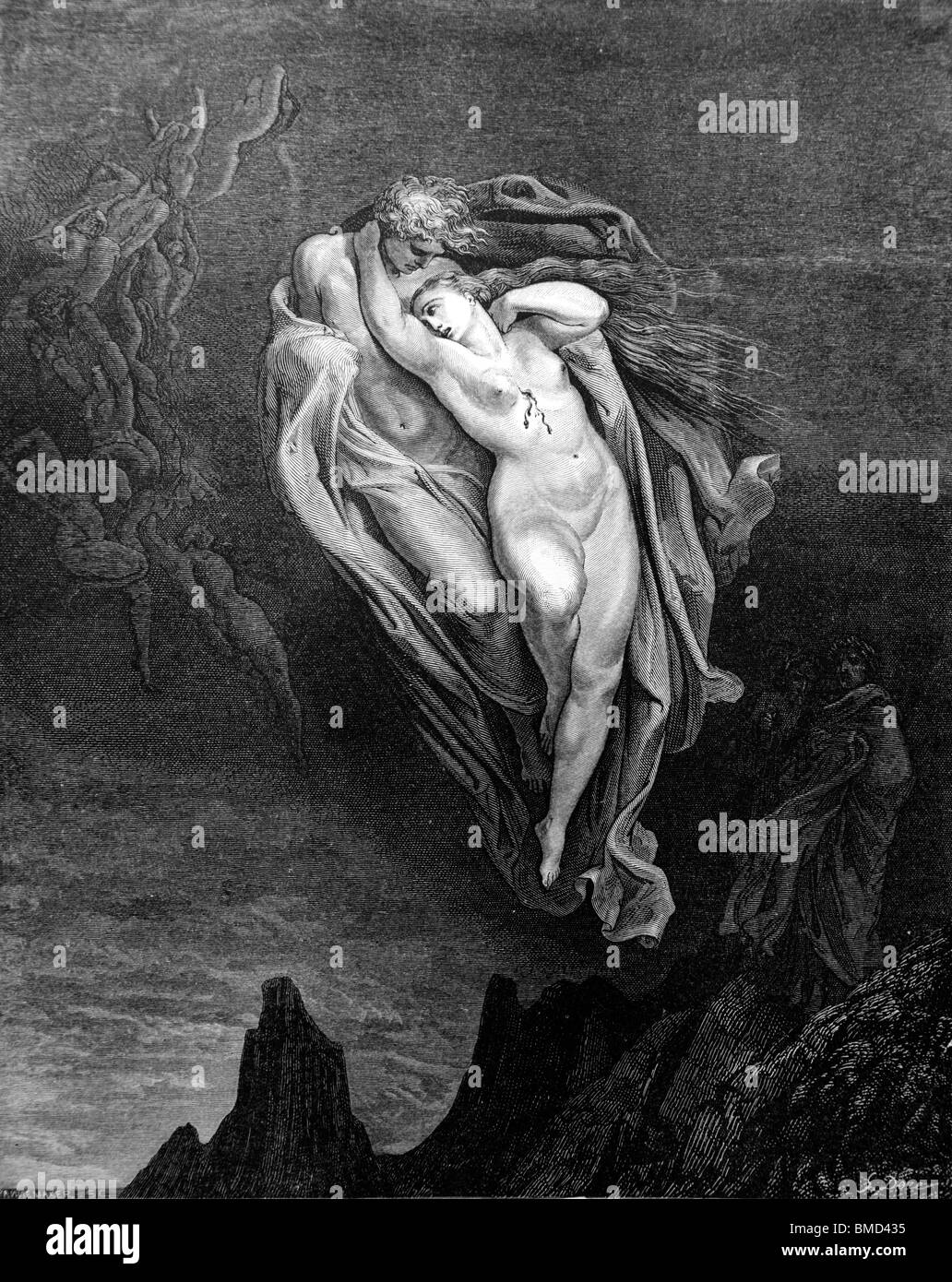 Gravur von Gustave Doré aus Dante Alighieris Göttlicher Komödie „Inferno“ oder „Visionen der Hölle“; Dante und Virgil treffen auf die Lüsterlichen Stockfoto