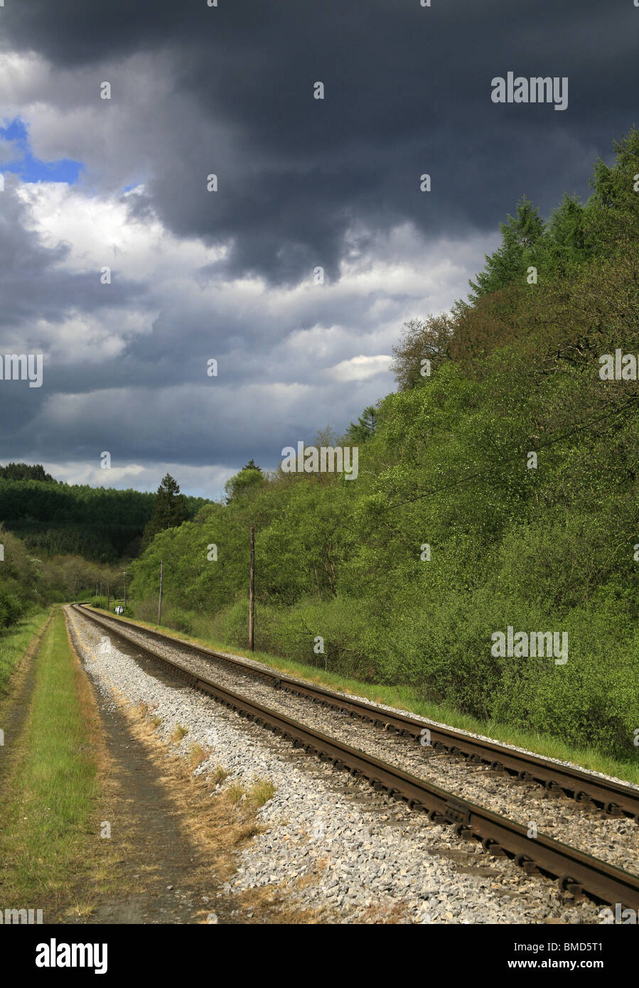 Eine eingleisige Eisenbahnstrecke. Stockfoto