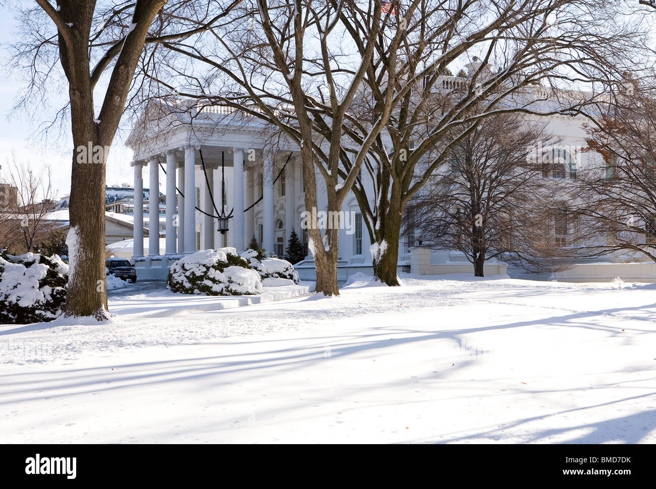 Im Weißen Haus Garten nach einem Schneesturm. Stockfoto