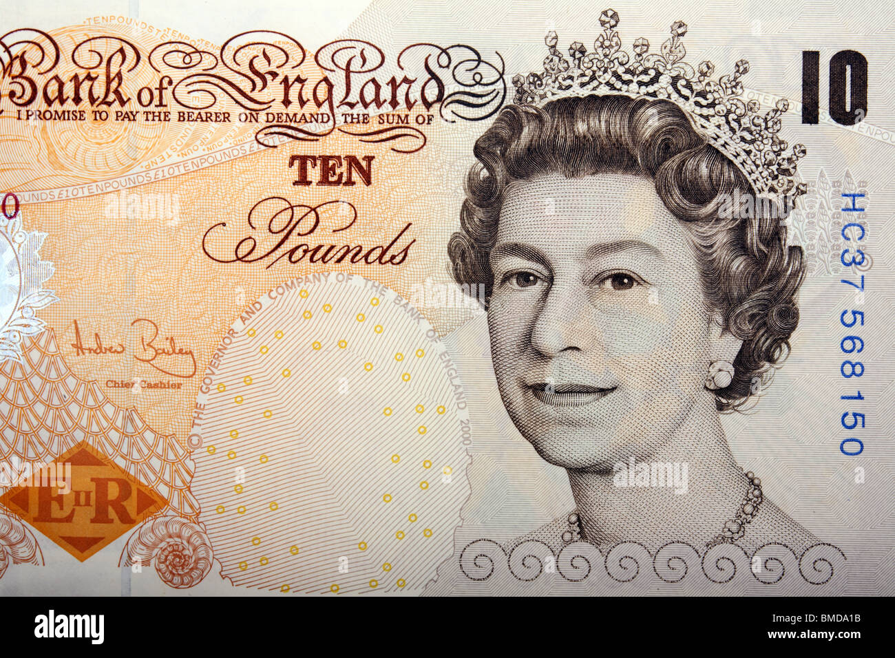 Queens-Kopf auf zehn-Pfund-Banknote. Stockfoto
