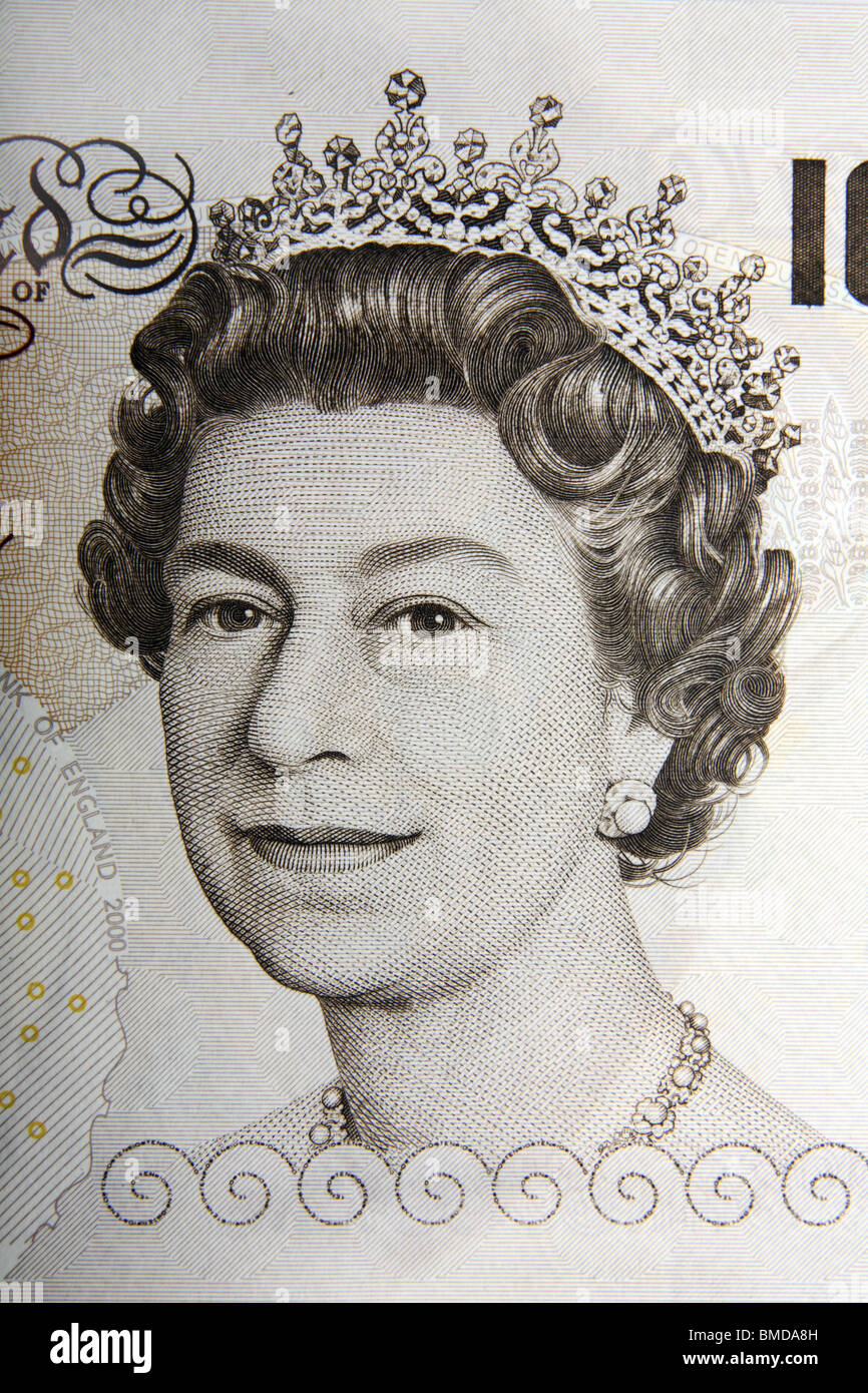 Queens-Kopf auf einer zehn-Pfund-Banknote. Stockfoto