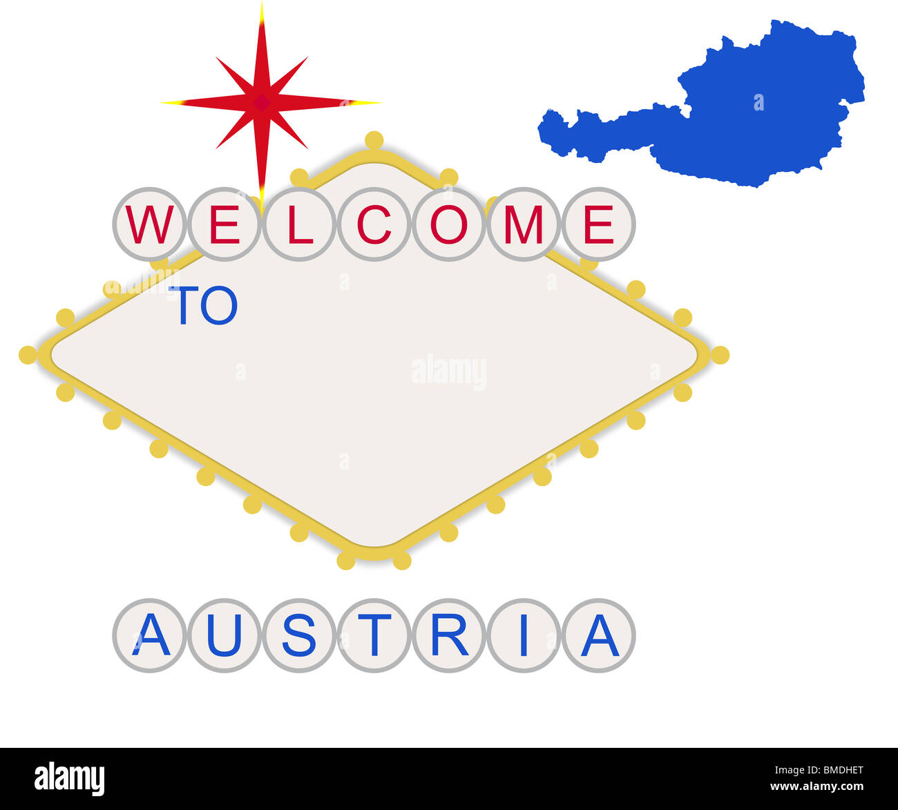 Willkommen Sie in Österreich im Stil der fabelhaften Las Vegas Schild mit Karte und Text, isoliert auf weißem Hintergrund. Stockfoto
