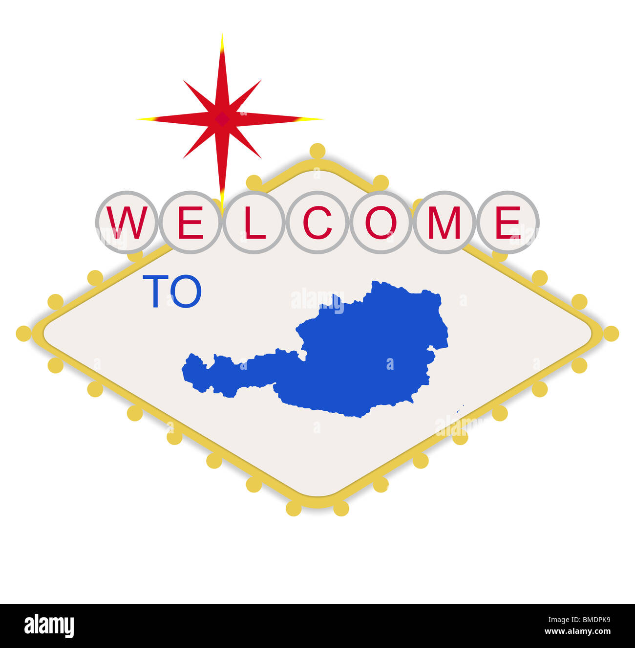 Willkommen Sie bei der Österreich-Zeichen im Stil des berühmten Las Vegas Schild, isoliert auf weißem Hintergrund. Stockfoto