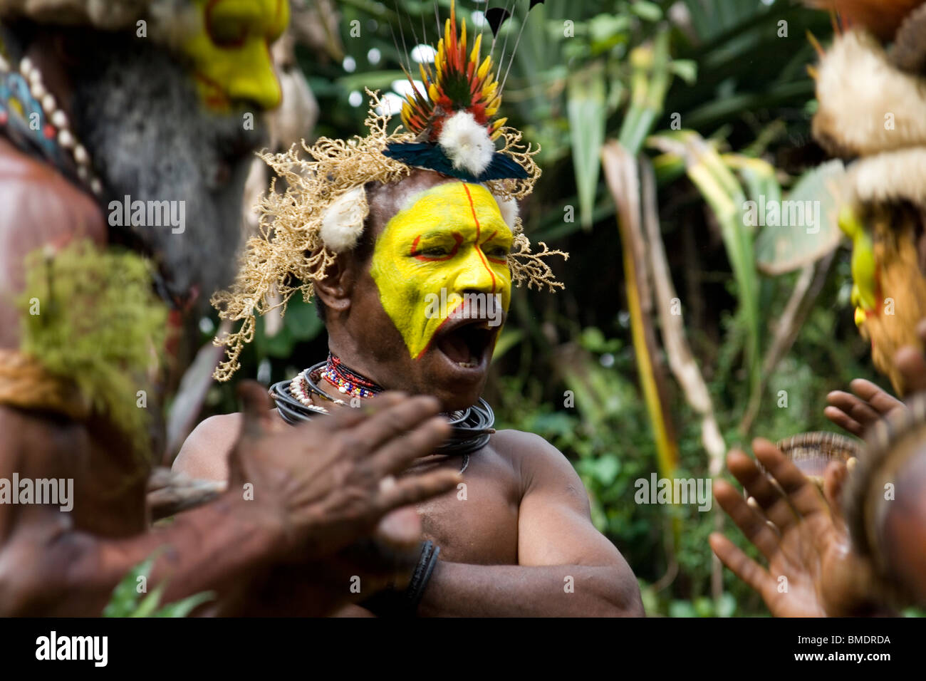 Wigmen in der Nähe von Tari, im Hochland von Papua-Neu-Guinea Stockfoto