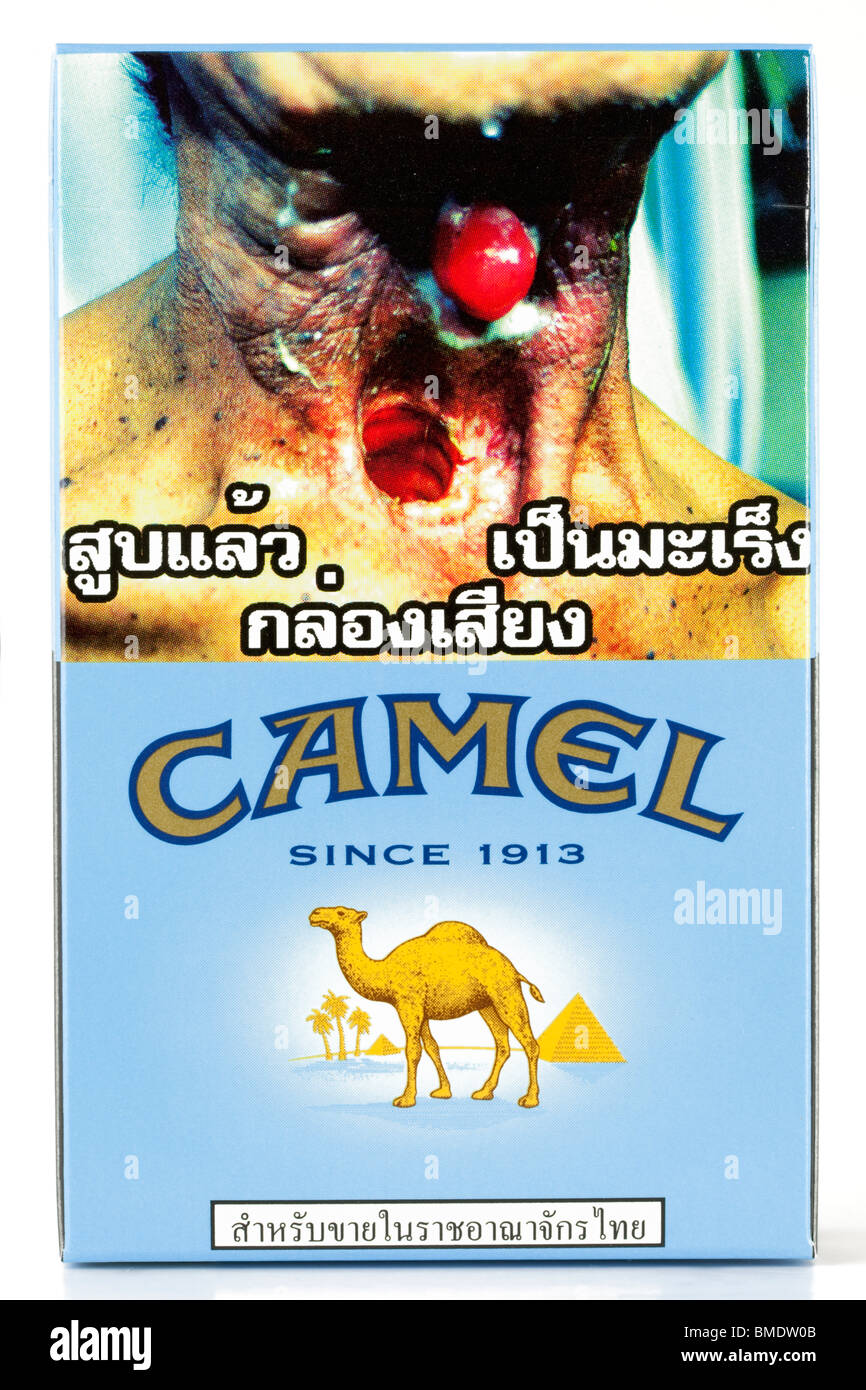 Grafik Gesundheitswarnung auf einer Zigarettenschachtel aus thailand Stockfoto