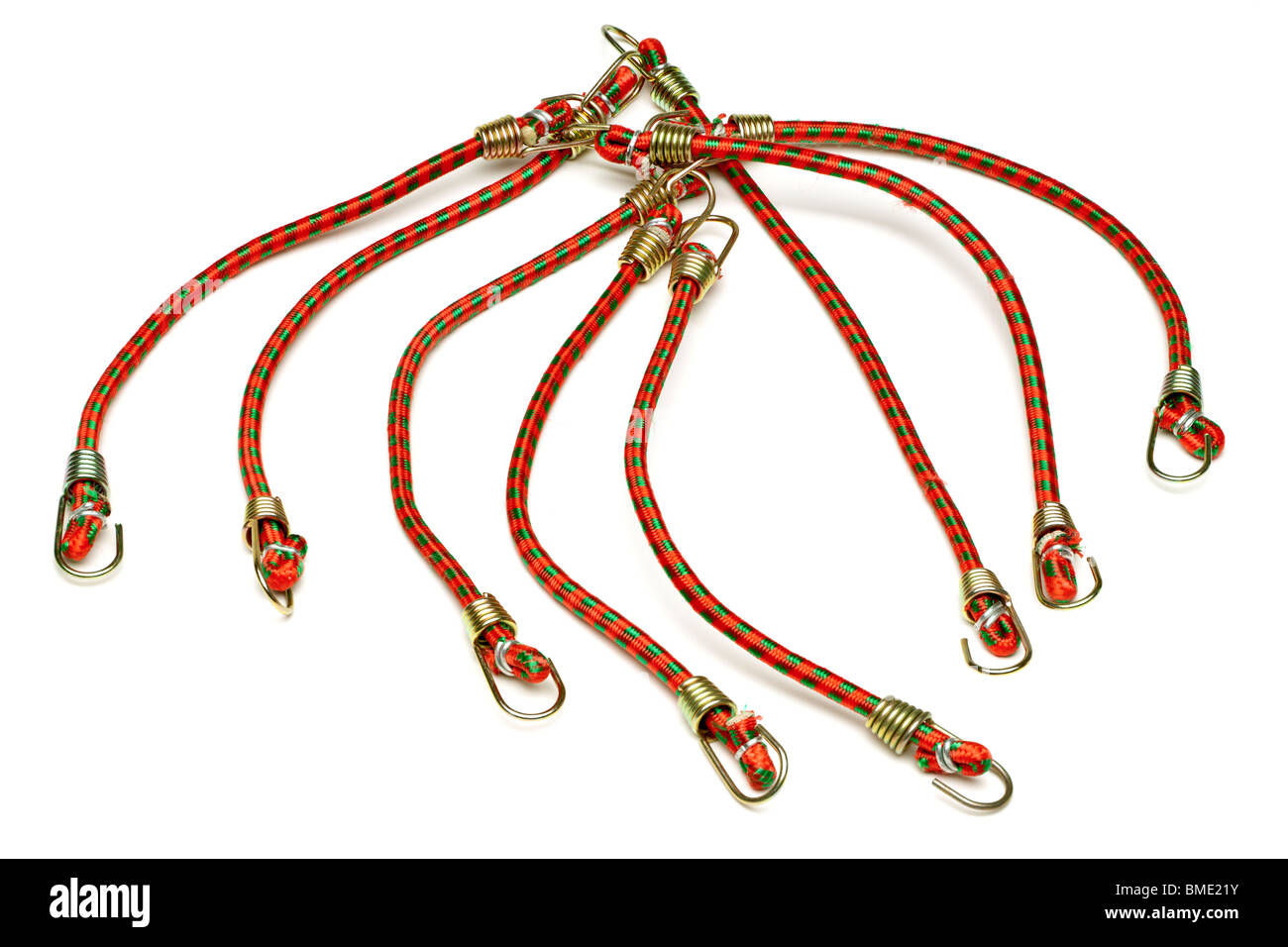 Haufen von elastischen grüne und rote Mini Bungee-Seile Stockfoto