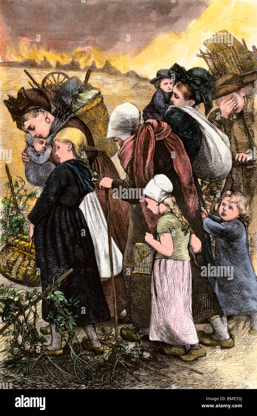 Flug von französischen Bauern während des Deutsch-Französischen Krieges, 1870. Hand - farbige Holzschnitt Stockfoto