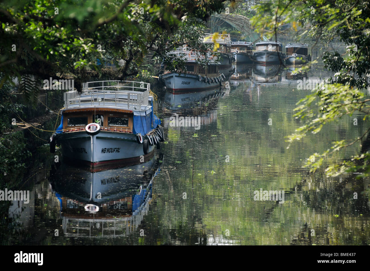 Boote auf dem Kanal, Allepey Stockfoto