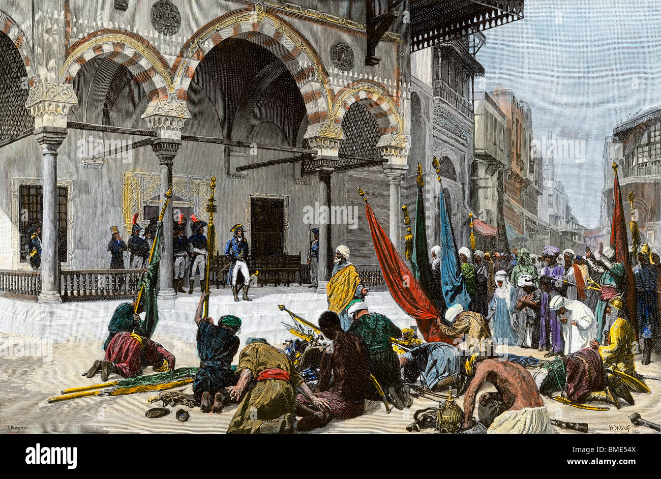 Vorlage der Mamelucken zu Napoleon Bonaparte. Hand - farbige Holzschnitt Stockfoto