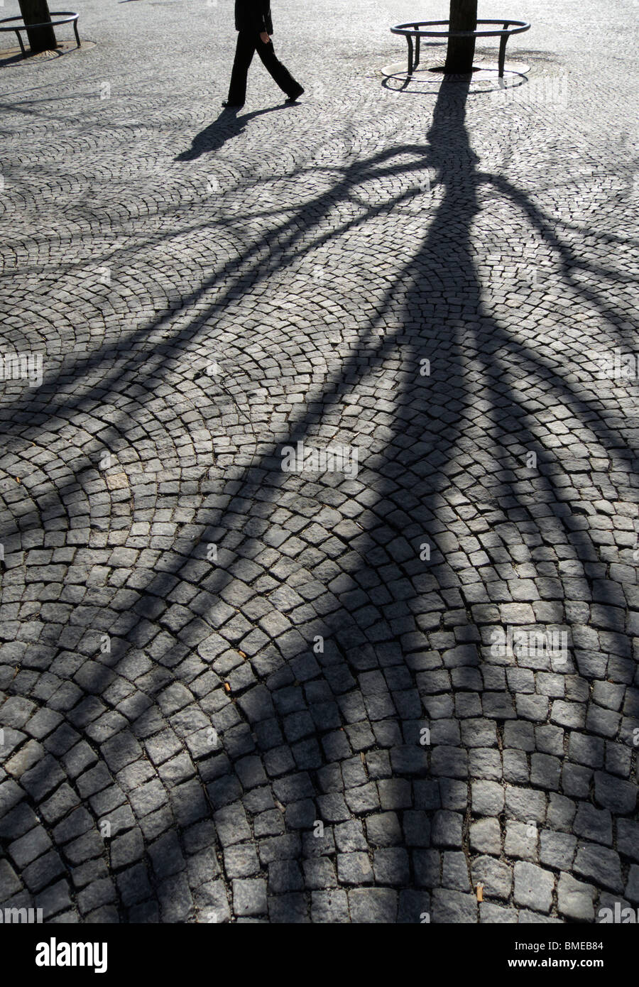 Schatten Sie eines Baumes auf Kopfsteinpflaster Steinpflaster, unteren Sie Extremitäten einer Person zu Fuß, Platz, Karlsplatz Stuttgart, Deutschland Stockfoto