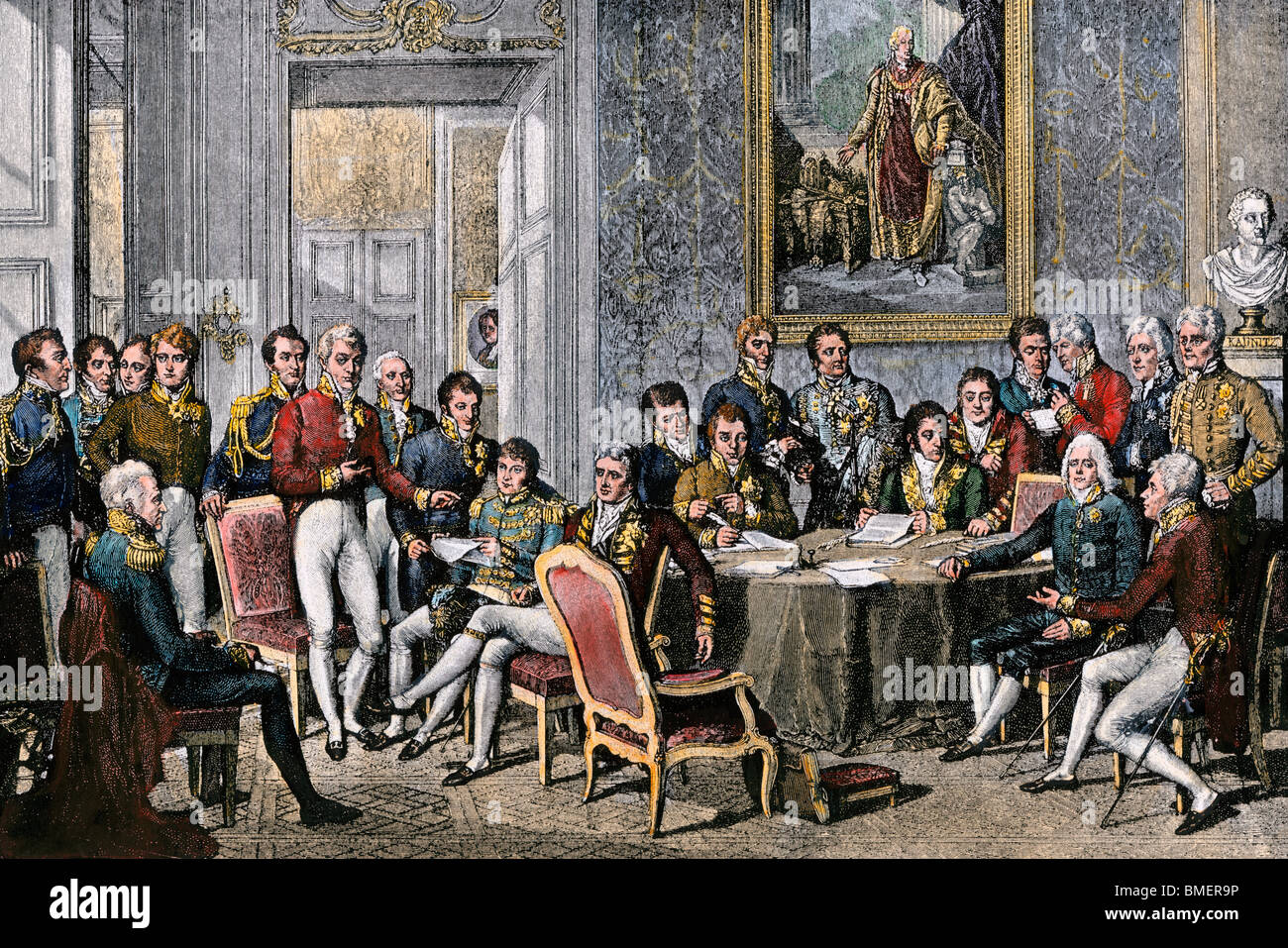 Europäische Staatsmänner treffen auf dem Wiener Kongress die Napoleonischen Kriege, 1815 zu schließen. Hand - farbige Holzschnitt Stockfoto