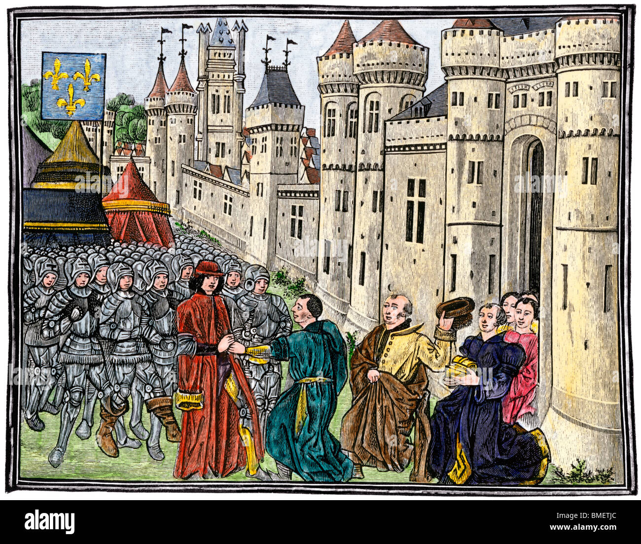 Französische Armee erlangt Bordeaux während des Hundertjährigen Krieges, 1451. Hand - farbige Holzschnitt Stockfoto