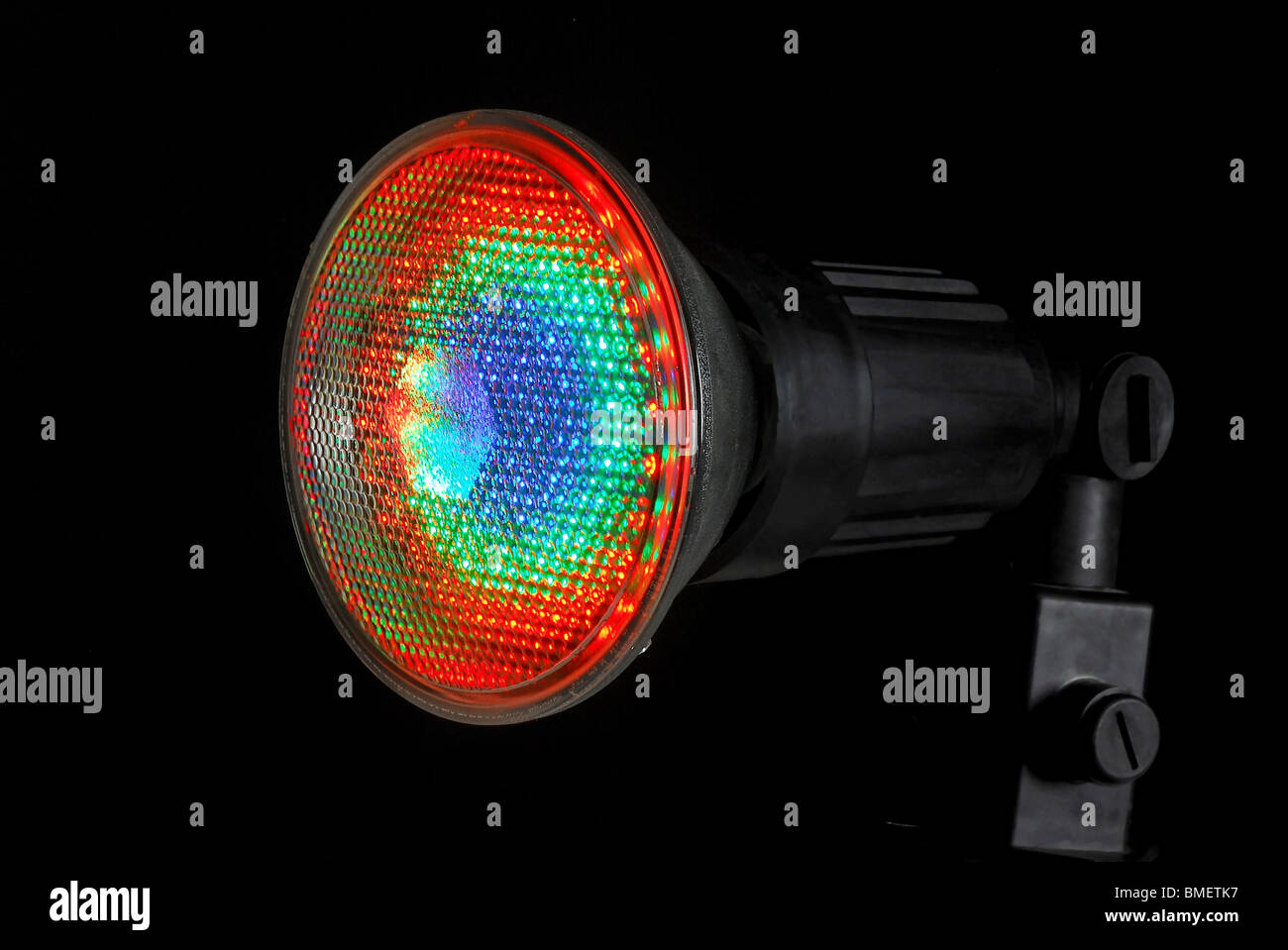Beleuchtete LED (Light Emitting Diode) Spotlight auf schwarzem Hintergrund Stockfoto