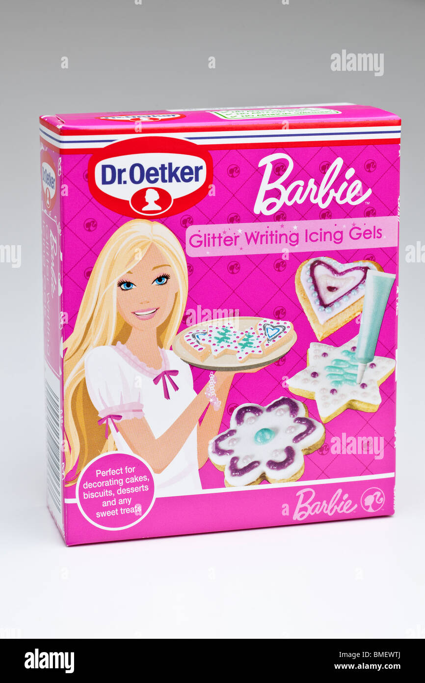Schachtel mit DR Oetker Barbie Glitzer schreiben Vereisung Gele Stockfoto