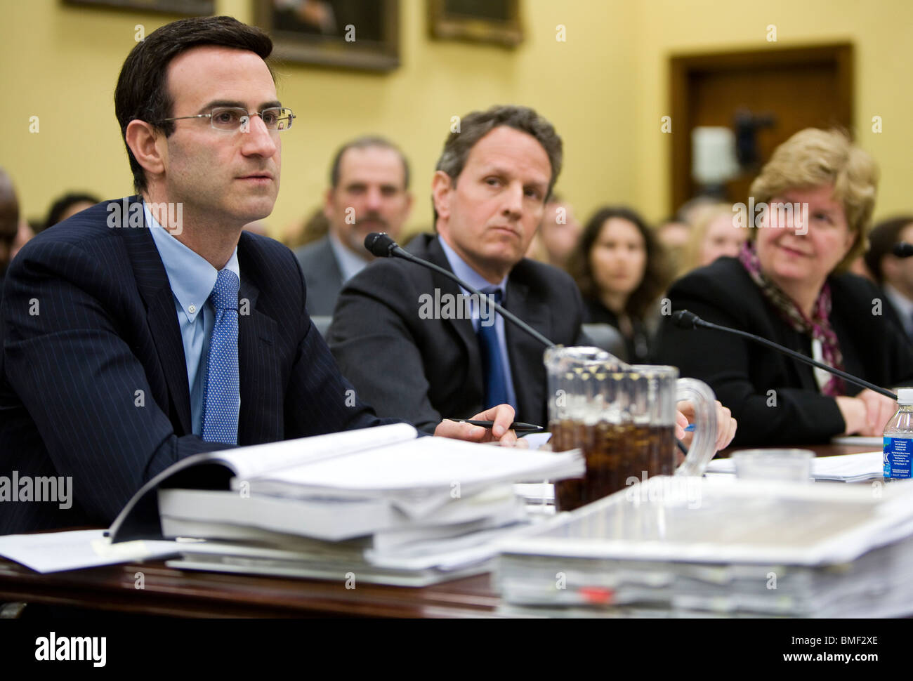 Peter Orszag, Timothy Geithner und Christina Romer. Stockfoto
