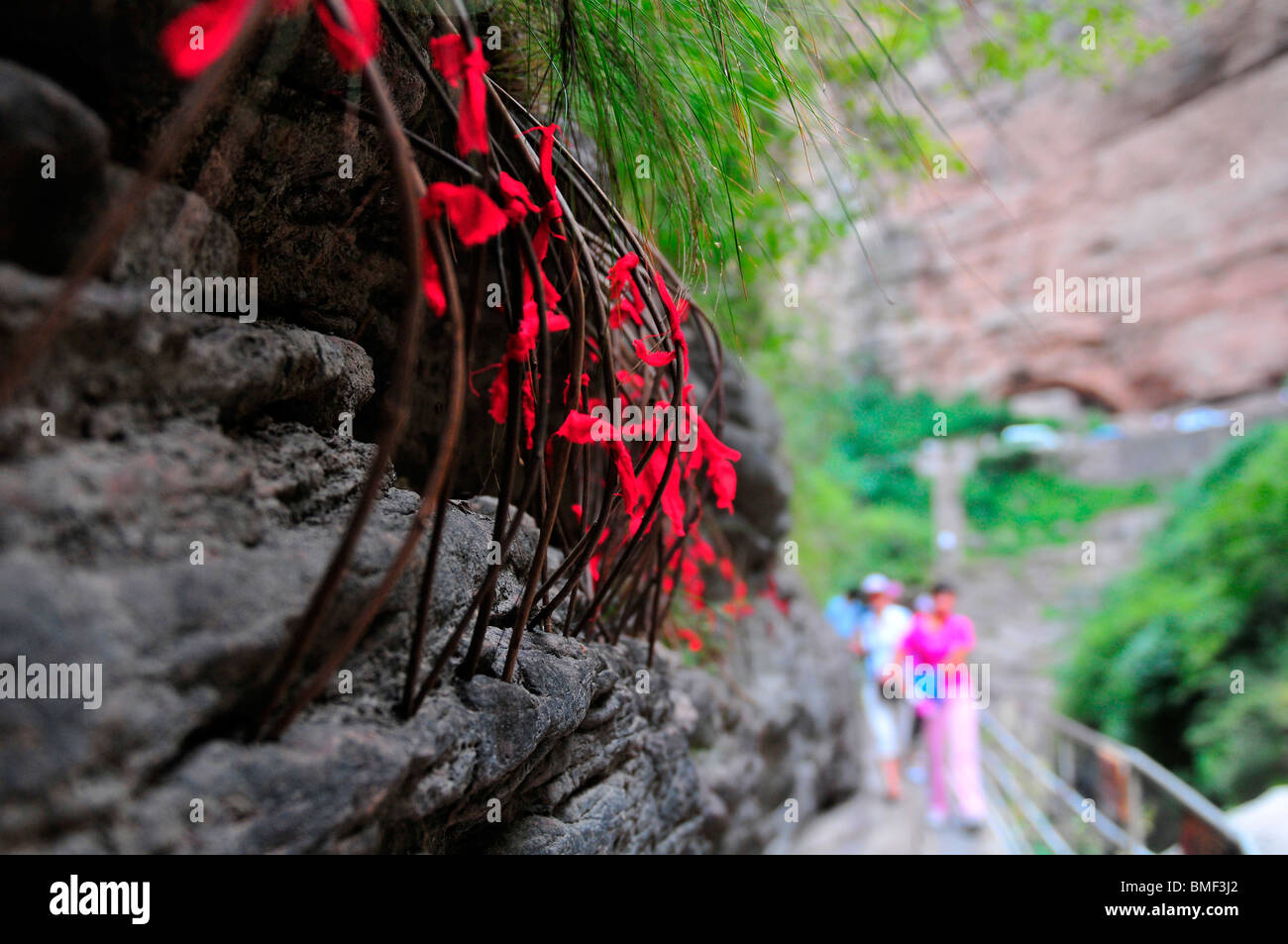 Winzigen roten Bändern gebunden an Zweigen für gutes Omen Taihang Mountain, Linzhou, Provinz Henan, China Stockfoto