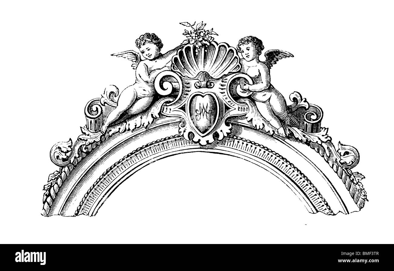 Schwarz / weiß-Gravur schneiden Sie isoliert auf weiss. Abbildung eines Kunst-Elements auf der großen Londoner Ausstellung 1851 ausgestellt. Stockfoto