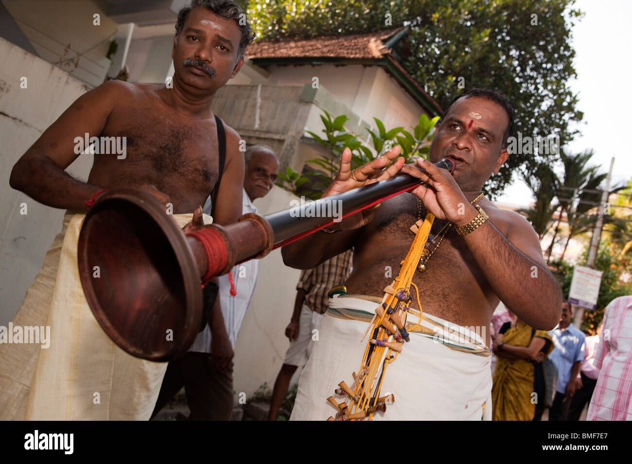Indien, Kerala, Kochi, Ernakulam Uthsavom Festival, Parayeduppu Elefanten Prozession, Nadaswaram Trompeter Stockfoto